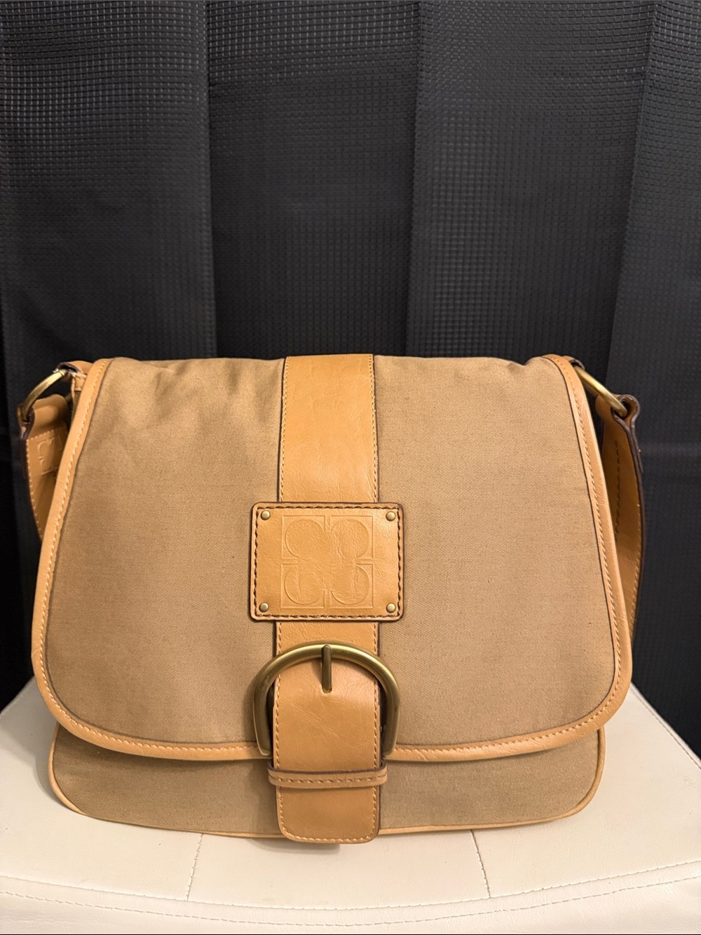 Liz Claibourne Tan Canvas Crossbody with Faux Leather Trim and Buckle Accent